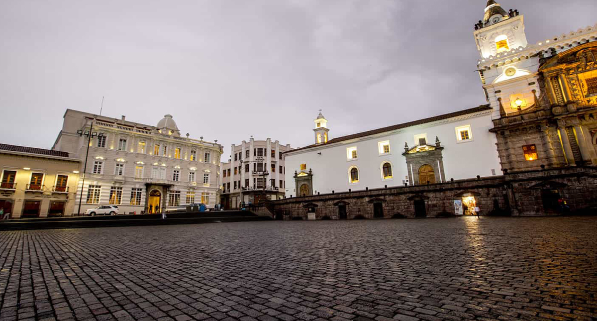 Casa Gangotena exterior street view at dusk