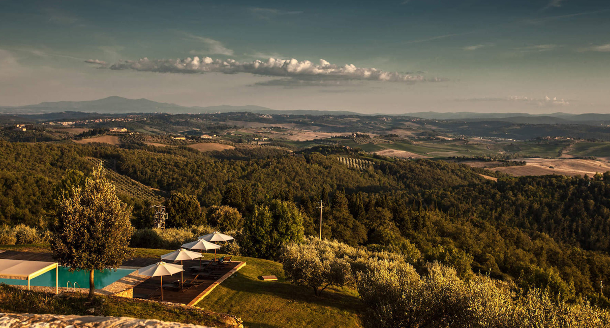 Castello La Leccia aerial view overlooking rear of property