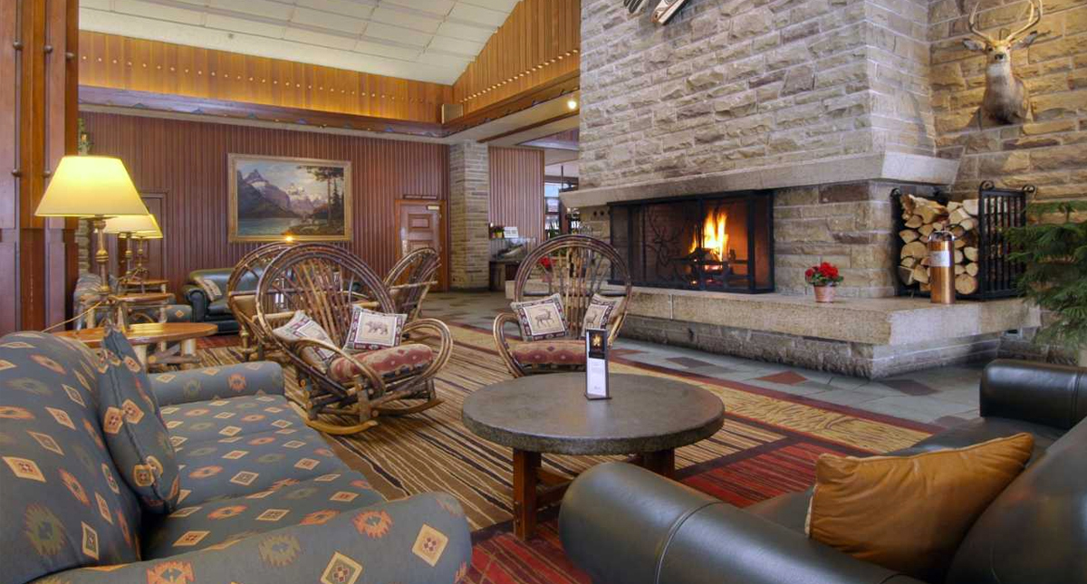 Fairmont Jasper Park Lodge lobby fireplace and seating area