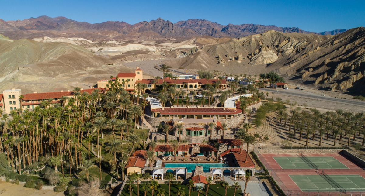 Inn at Death Valley aerial view of outdoor pool and tennis courts