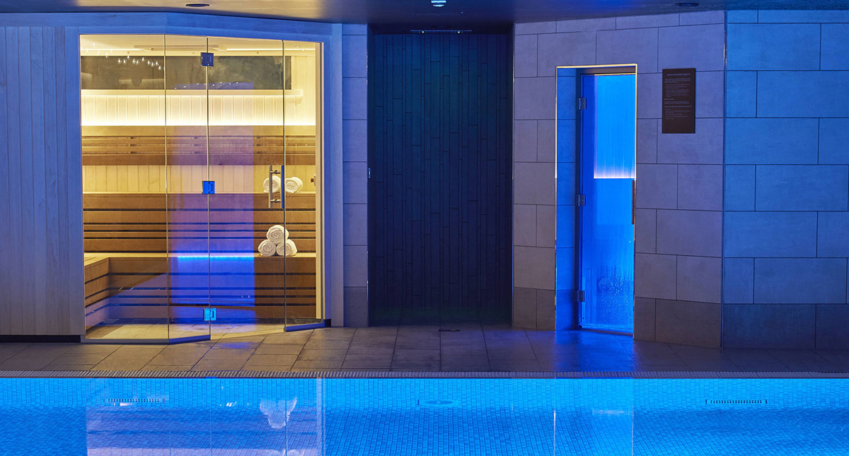 Kimpton Charlotte Square Hotel indoor pool illuminated in blue light