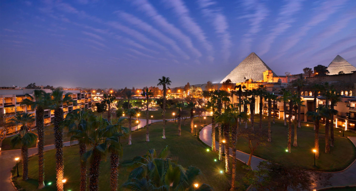 Marriott Mena House evening view with pyramids in background