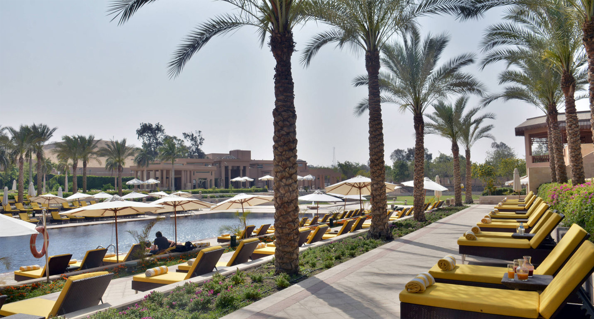 Marriott Mena House outdoor pool surrounded by palm trees and lounge chairs