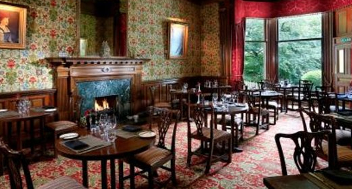 Norwood Hall Hotel dining room with fireplace
