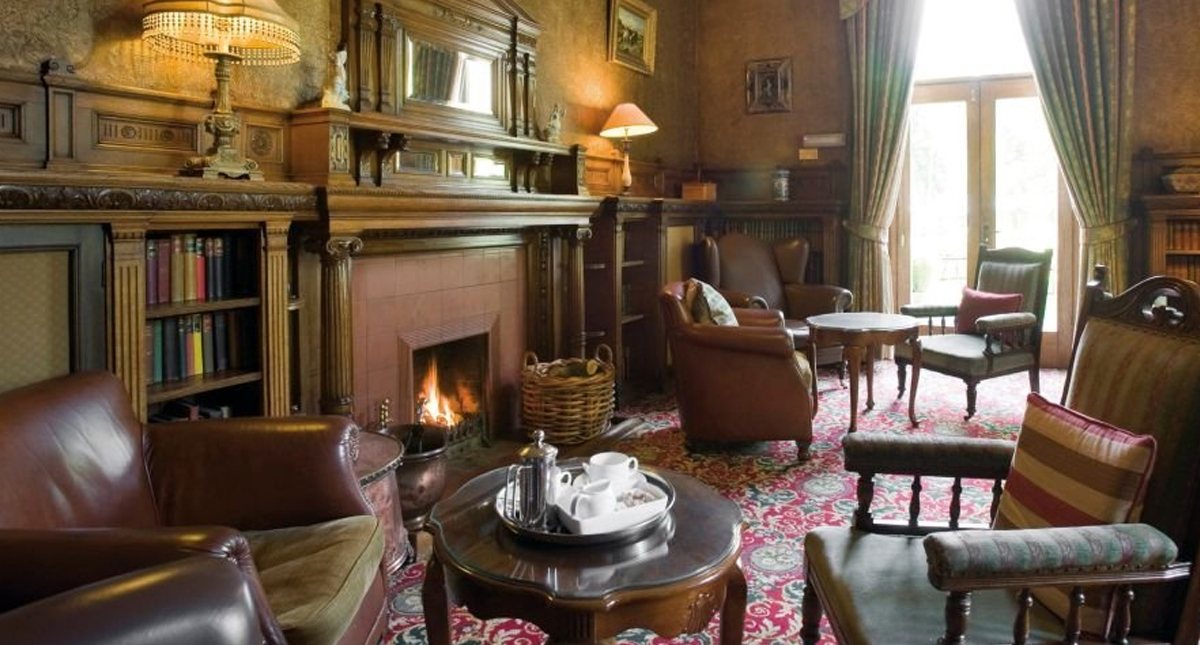 Norwood Hall Hotel lobby with fireplace