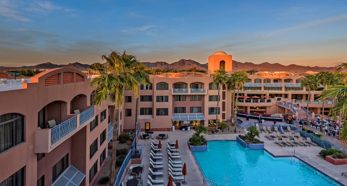 Scottsdale Marriott at McDowell Mountains aerial of exterior and outdoor pool at dusk