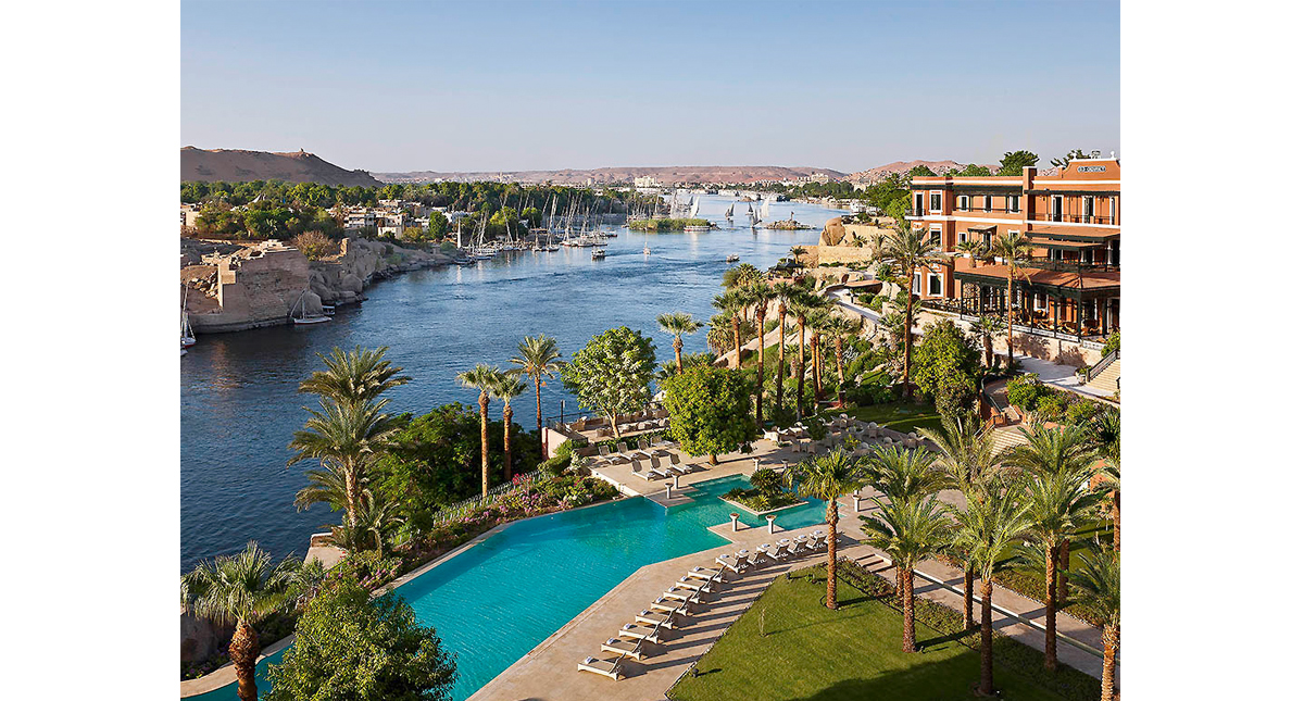 Sofitel Old Cataract Hotel aerial view featuring outdoor pool and patio overlooking the Nile River
