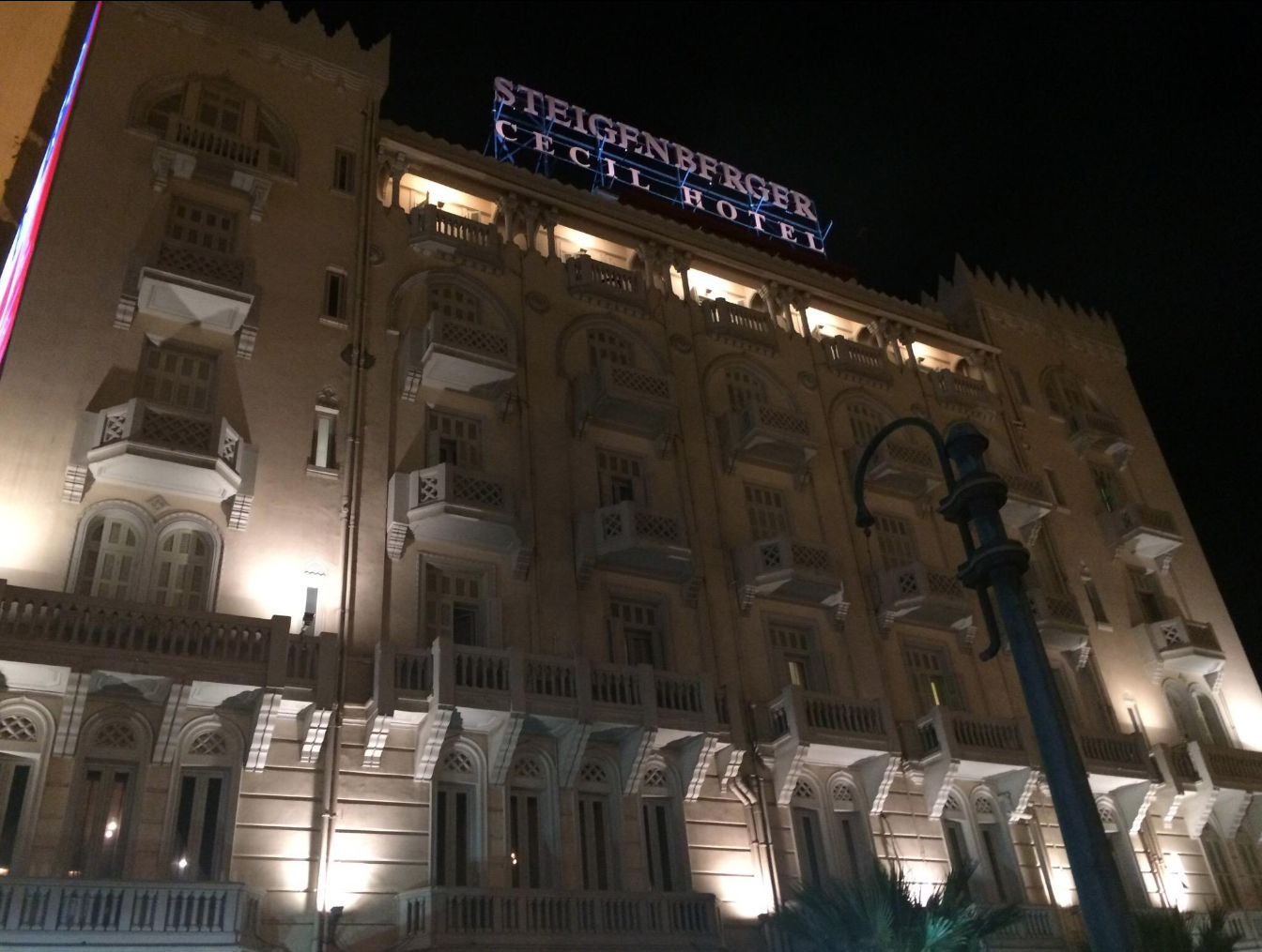 Cecil Hotel Alexandria exterior view at night