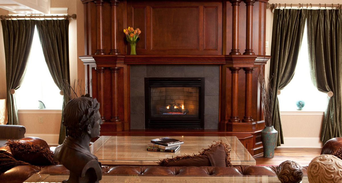 The Great George lounge sitting area with fireplace