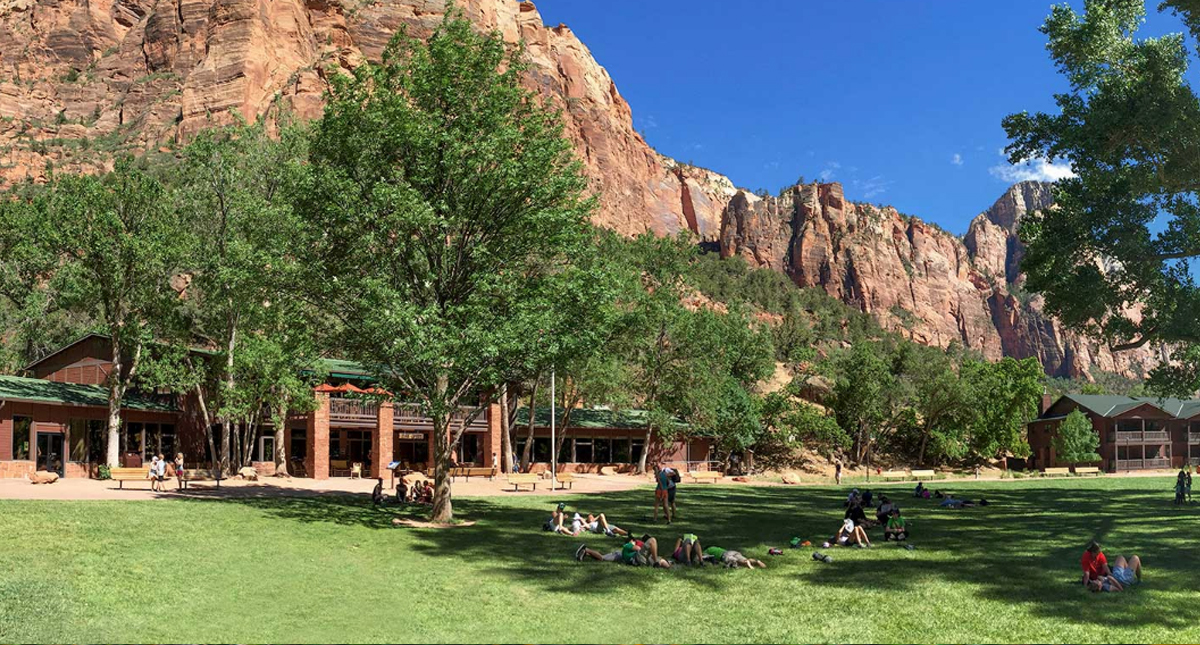 Zion Park Lodge exterior with mountains in the background