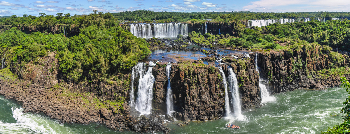 Aerial overlooking Iguazu Falls waterfalls