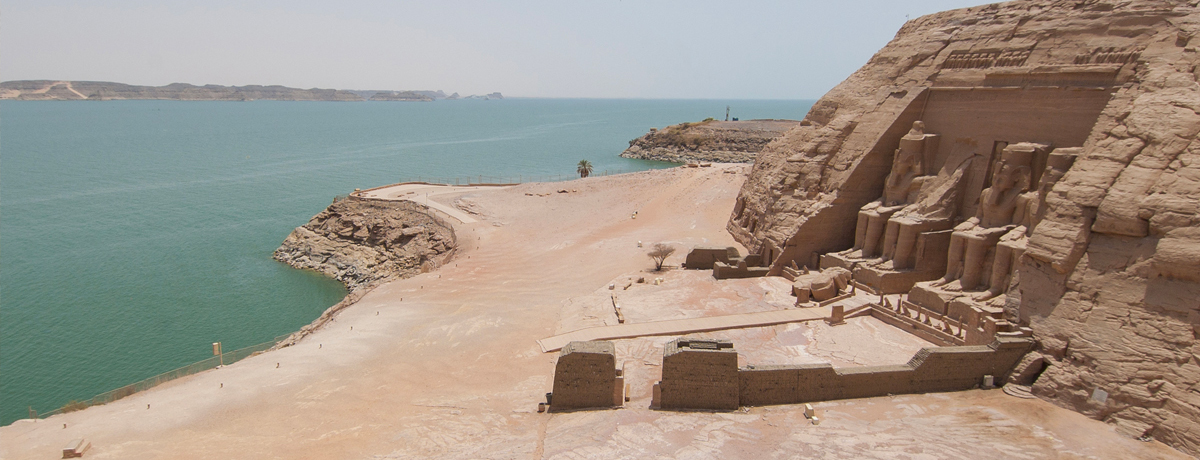 Panoramic view over the Temple of Ramses II at Abu Simbel by Lake Nasser