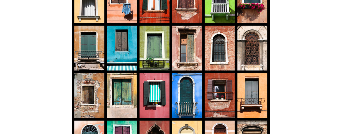 Collage of colorful windows in Venice