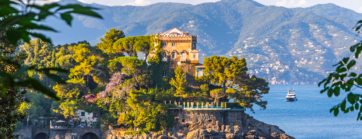 Panoramic view of the Bay of Paraggi in Santa Margherita Ligure near Portofino