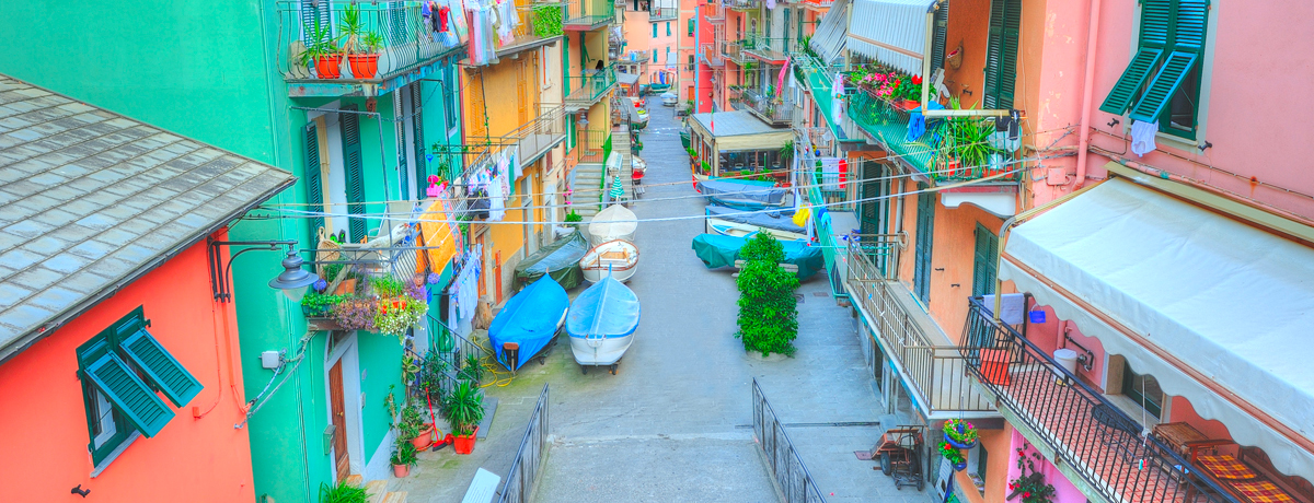 Traditional colorful street in the Italian village of Manarola in Cinque Terre