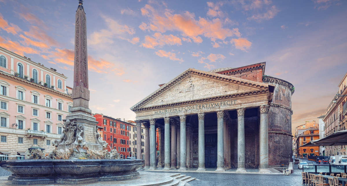 The Pantheon and surrounding square in Rome at sunrise