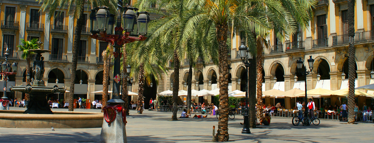 Bustling square with shops and restaurants