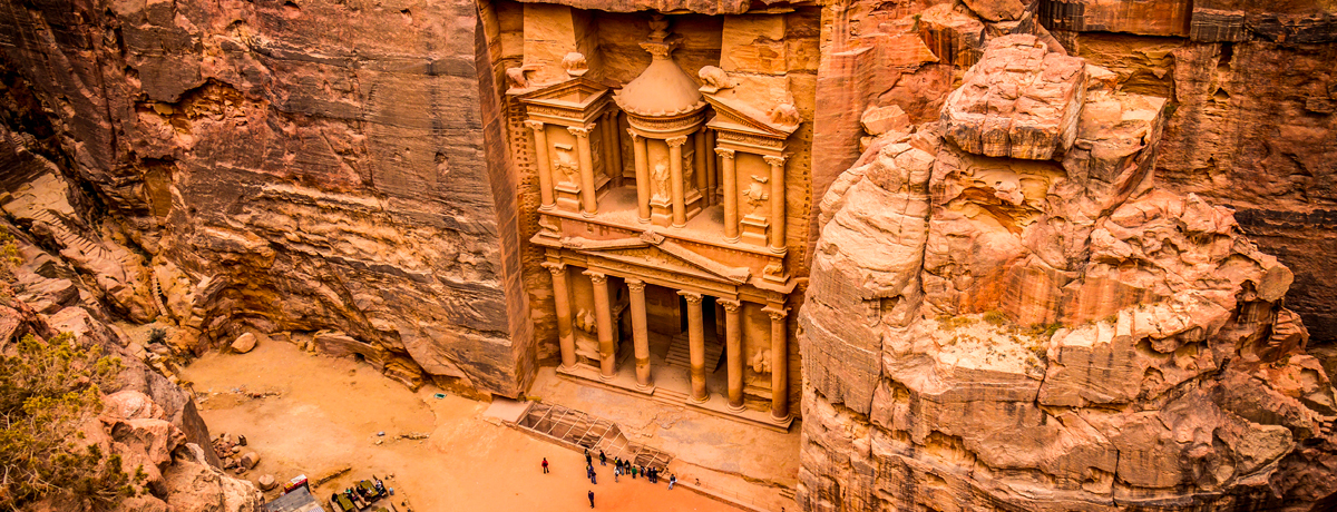 View looking down at Petra city carvings