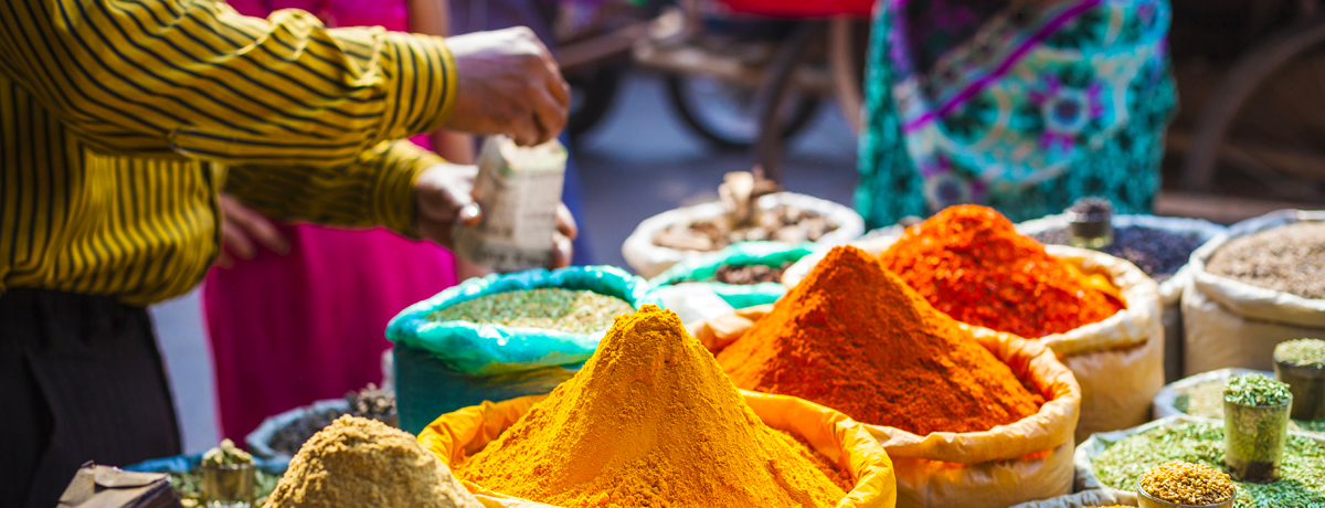 Close-up of colorful spices at an Indian market