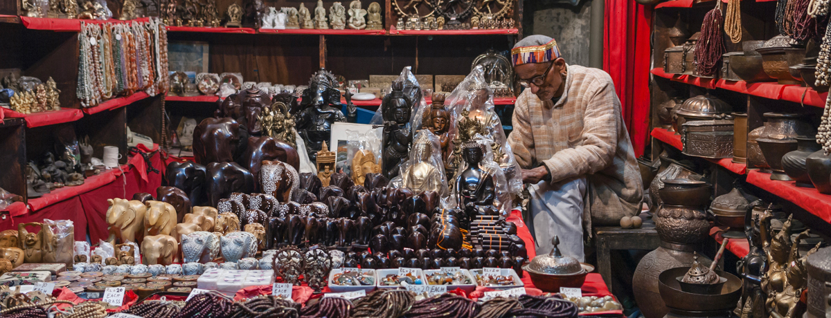 Craft and market items on display in mercantile in Jaipur
