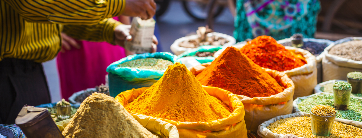 Bushels of colorful spices sold at Jaipur market