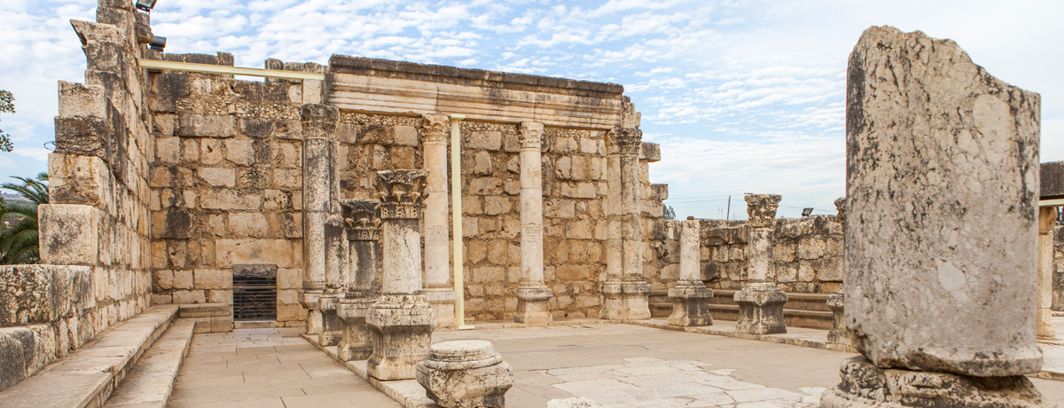 The ruins of the synagogue in the small town Capernaum on the coast of the lake of Galilee
