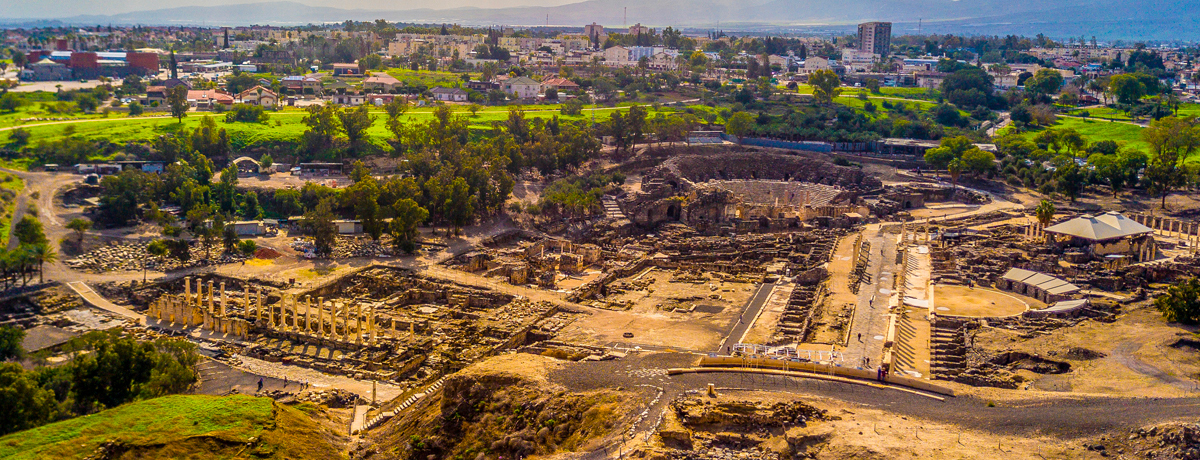 Aerial panorama over archaeological excavations of an ancient Roman city in the Beit She'an