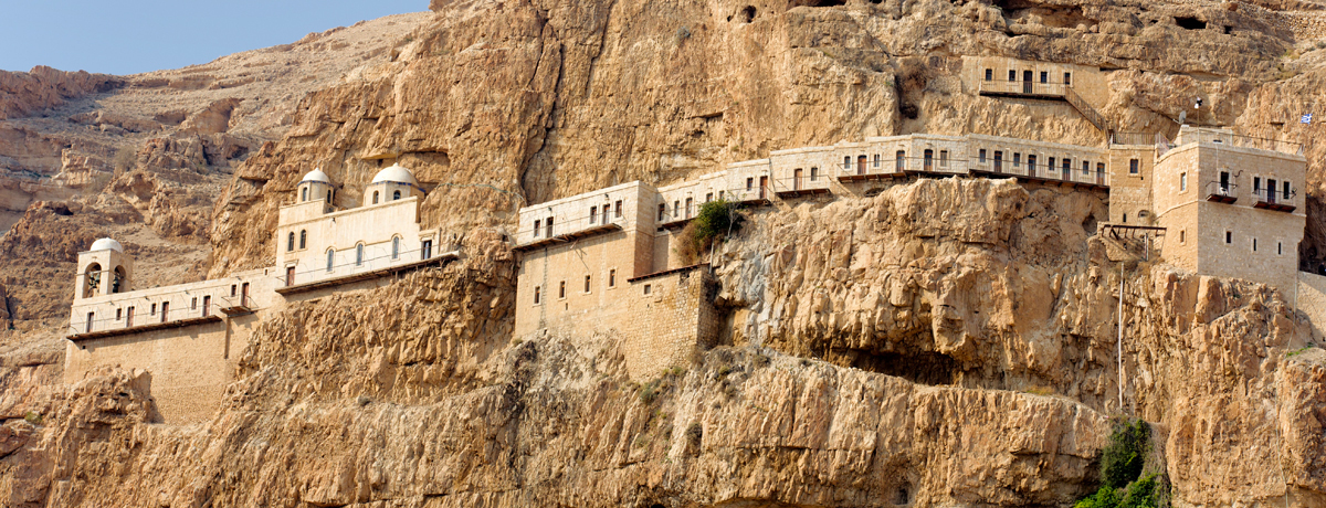 The Greek Monastery in Jericho built into the rocky cliffs of a mountain