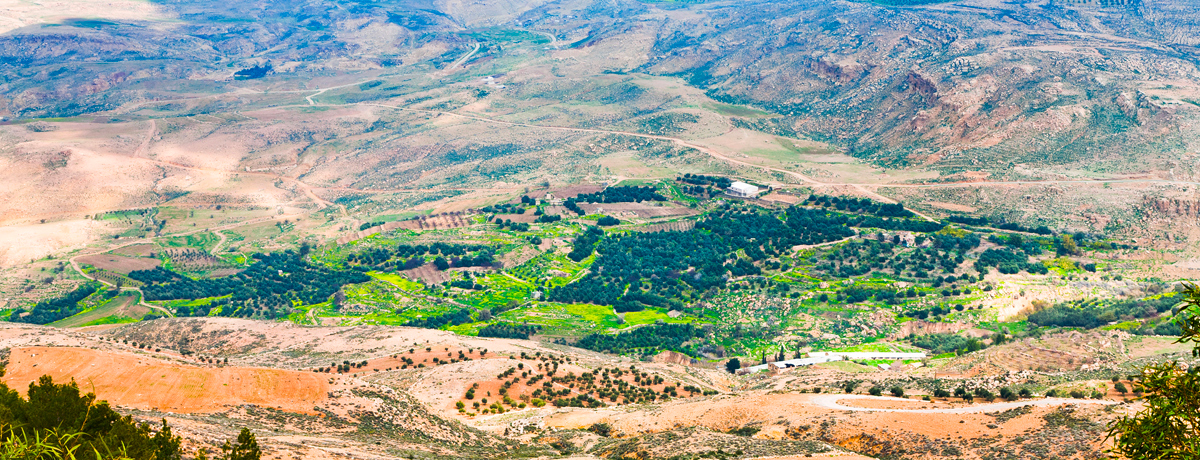 Aerial view overlooking the Promised Land from Mount Nebo in Jordan