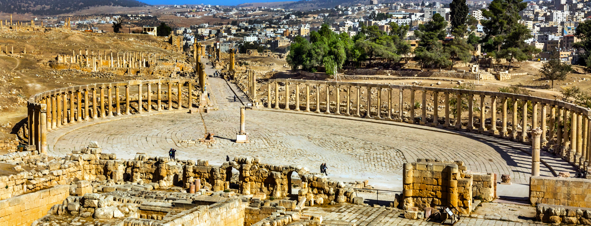 Oval Plaza featuring 160 Ionic columns in the ancient Roman city of Jerash, Jordan