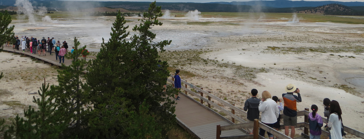 Visitors taking photos of geysers
