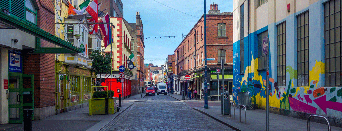 Downtown Dublin street with colorful buildings