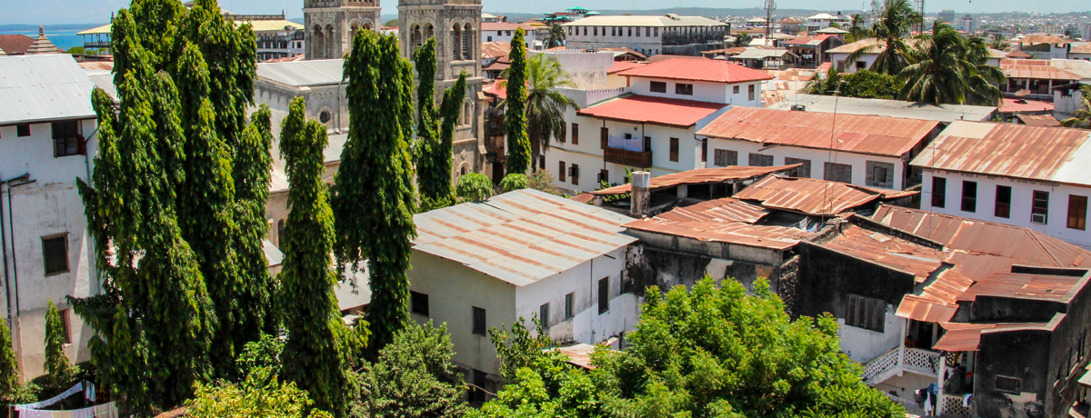 Aerial rooftop view of houses and buildings in Stone Town
