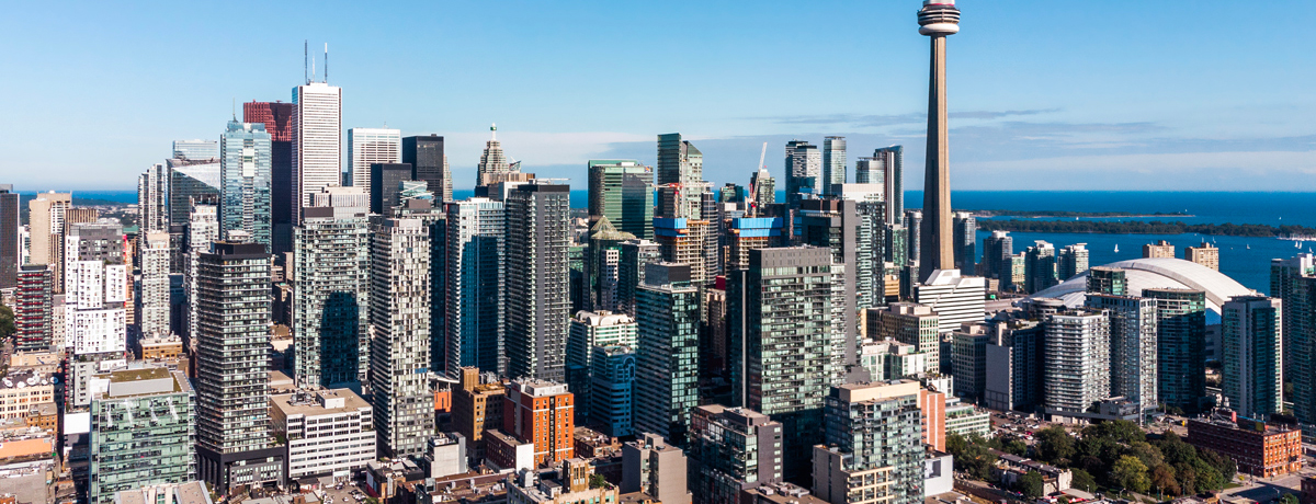 Aerial over Toronto's cityscape