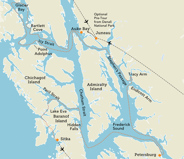 Tour map for Discover Southeast Alaska—Juneau to Sitka