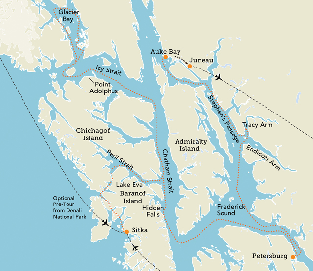 Tour map for Discover Southeast Alaska—Sitka to Juneau