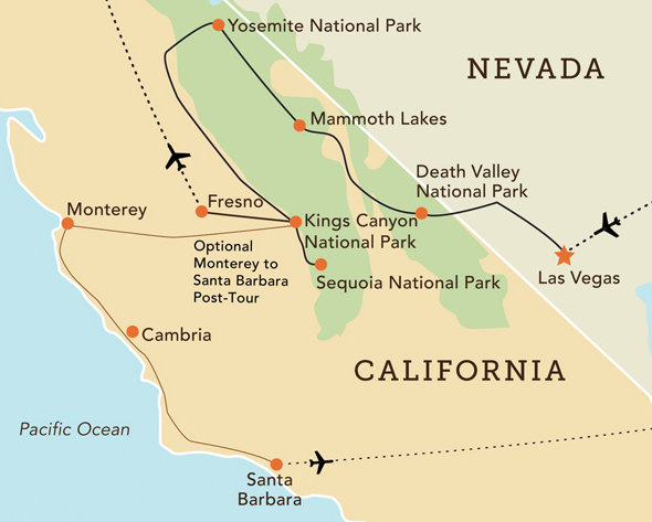 Tour map for Death Valley, Yosemite & the Great Parks of California