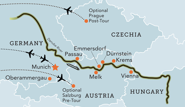 Tour map for Amadeus Silver III—Oberammergau and Passion Play