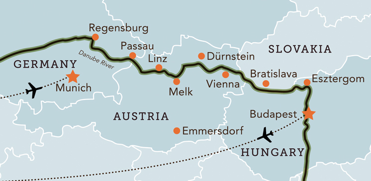 Tour map for Danube Cruise by Luxury Ship