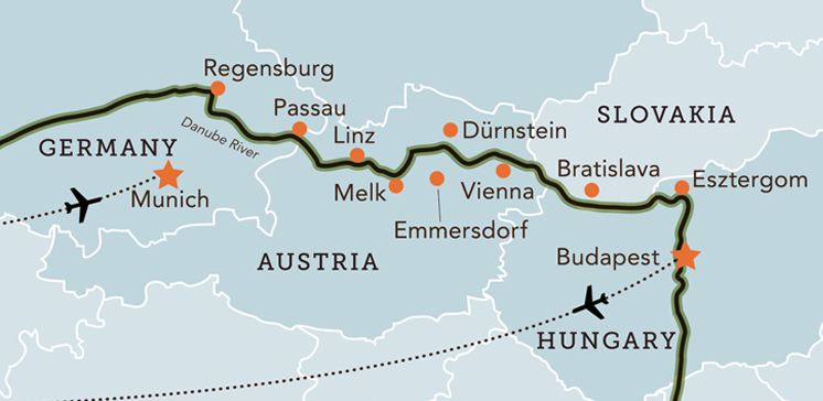 Tour map for Danube Cruise by Luxury Ship