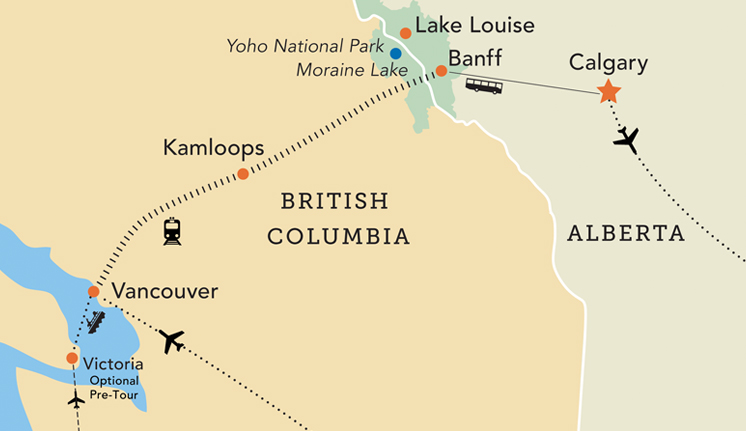 Tour map for Discover the Canadian Rockies by Rail