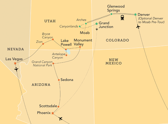 Tour map for Southwest National Parks 2023