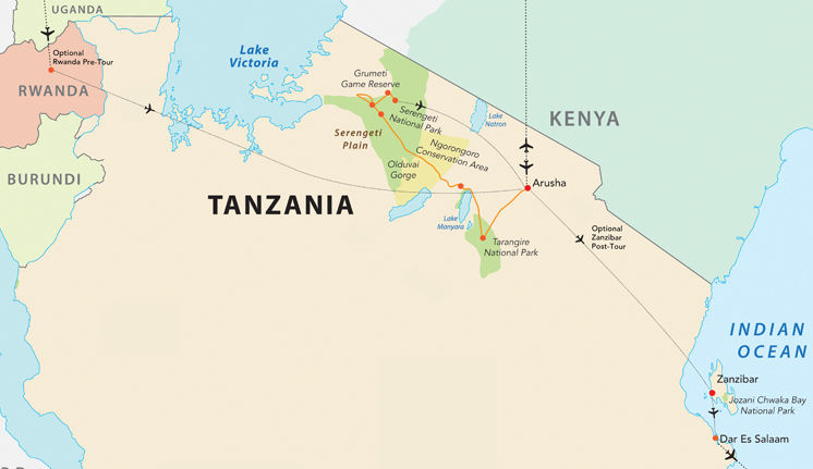 Tour map for Tanzania Wildlife Safari