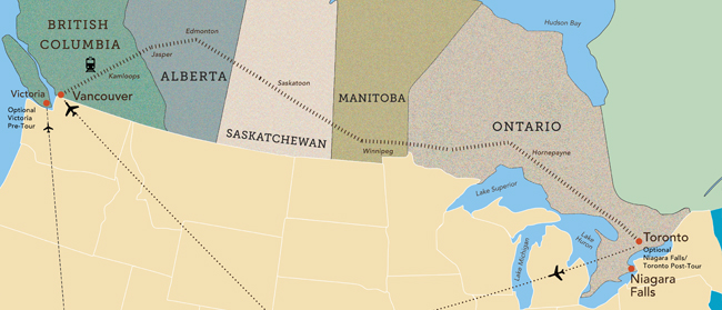 Tour map for Vancouver to Toronto by Rail