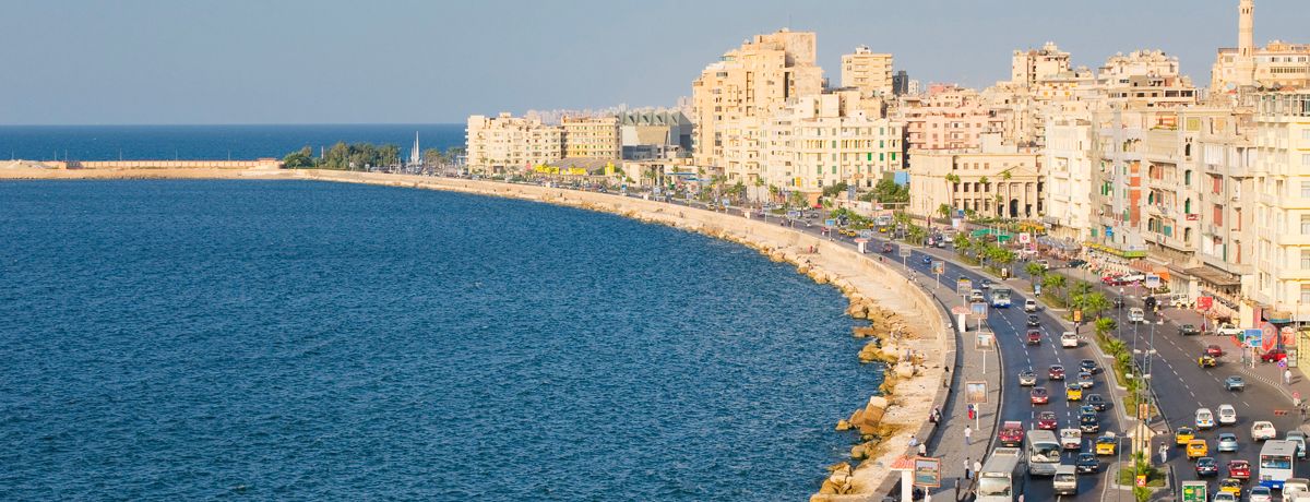 Cityscape view of Alexandria, Egypt and the harbor