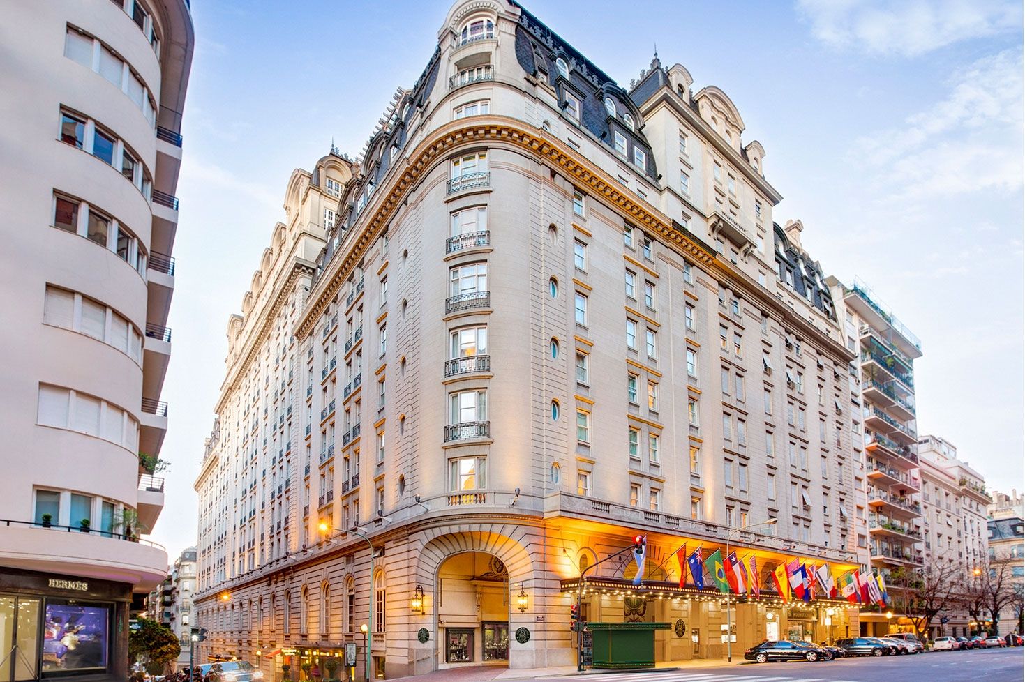 Alvear Palace Hotel exterior illuminated at dusk