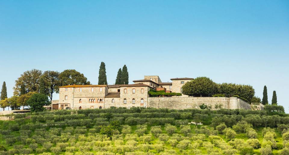 Castello La Leccia wide angle view under blue skies