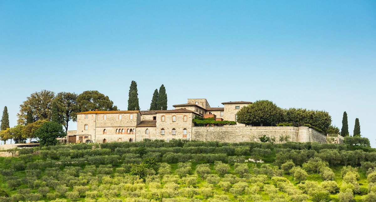 Castello La Leccia wide angle view under blue skies