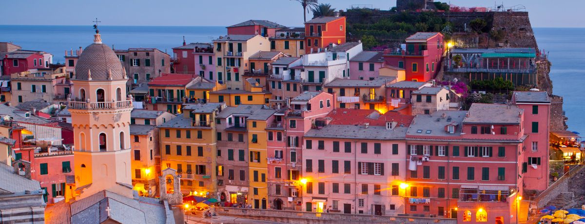 Aerial view of Vernazza in Cinque Terre at night