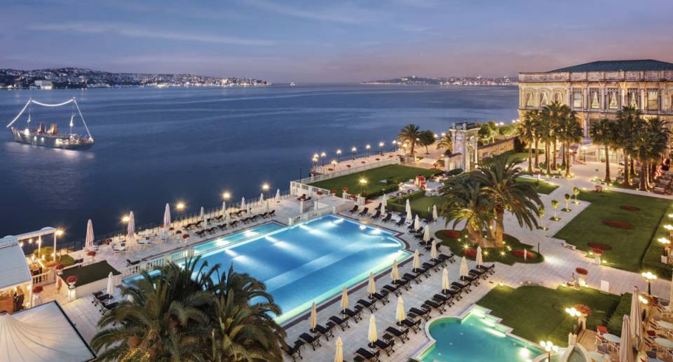 Ciragan Palace Kempinski aerial view of outdoor pool at dusk